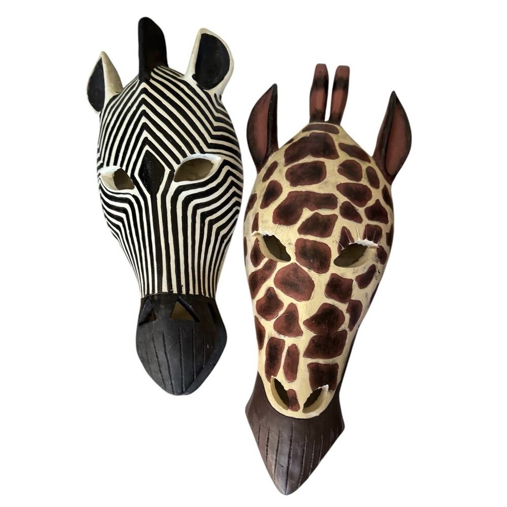 Toscano Giraffe Zebra Wall Mask Set Hand Crafted Safari Home Decor African